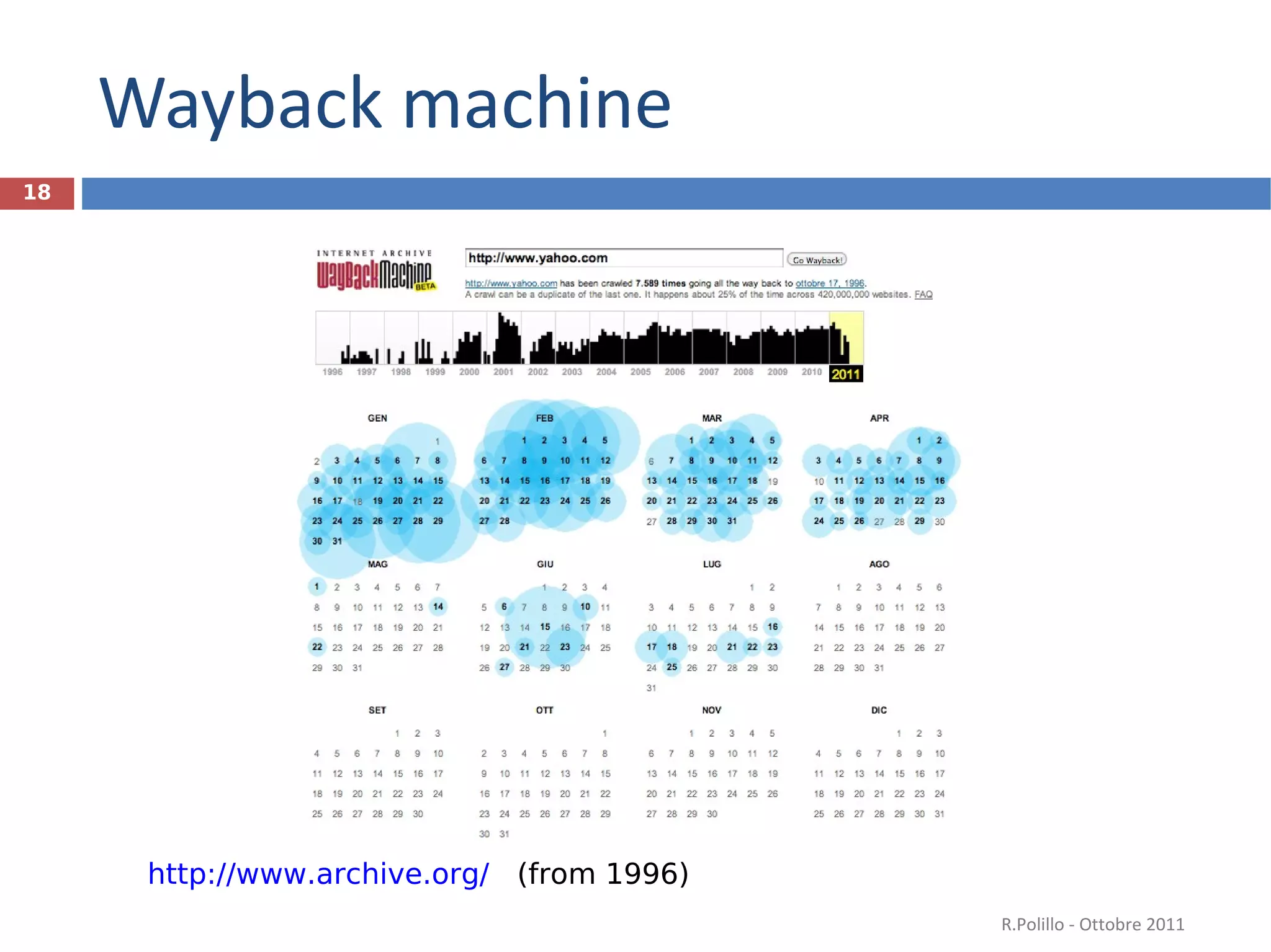 Wayback machine R.Polillo - Ottobre 2011 http://www.archive.org/   (from 1996)  