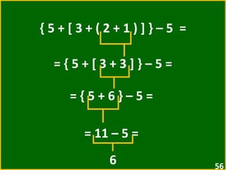 { 5 + [ 3 + ( 2 + 1 ) ] } – 5  = = { 5 + [ 3 + 3 ] } – 5 =  = { 5 + 6 } – 5 =  = 11 – 5 =  6 