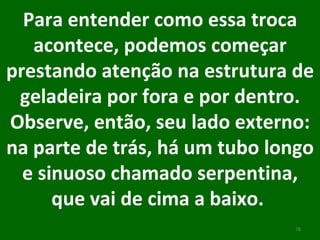 Para entender como essa troca acontece, podemos começar prestando atenção na estrutura de geladeira por fora e por dentro. Observe, então, seu lado externo: na parte de trás, há um tubo longo e sinuoso chamado serpentina, que vai de cima a baixo.  