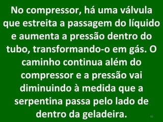 No compressor, há uma válvula que estreita a passagem do líquido e aumenta a pressão dentro do tubo, transformando-o em gás. O caminho continua além do compressor e a pressão vai diminuindo à medida que a serpentina passa pelo lado de dentro da geladeira. 