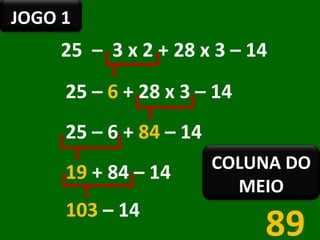 25  –  3 x 2 + 28 x 3 – 14  25 –  6  + 28 x 3 – 14  25 – 6 +  84  – 14  19  + 84 – 14  103  – 14  89   JOGO 1 COLUNA DO MEIO 