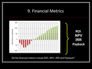 9. Financial Metrics ROI  NPV IRR  Payback Do the financial metrics include ROI, NPV, IRR and Payback? 