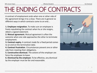 5
|
Fair Dismissal
Effective Discipline
MTL Course Topics
THE ENDING OF CONTRACTS
A contract of employment ends when one or other side of
the agreement brings it to a close. There are in general six
different ways in which contracts come to an end...
1. Employee resignation. To make sure an employee is
freely repudiating the contract when he or she resigns,
obtain a signed statement.
2. Mutual agreement. Mutual agreement is often the
outcome when one side approaches the other to terminate
employment.
3. Contract expiry. A contract made for a fixed period comes
to an end on the termination date.
4. Contract frustration. Circumstances prevent one or other
side from meeting their obligations.
5. Constructive dismissal. The actions of the employer are
force the employee to leave.
6. Dismissal by the employer. To be effective, any dismissal
by the employer must be fair and reasonable.
 