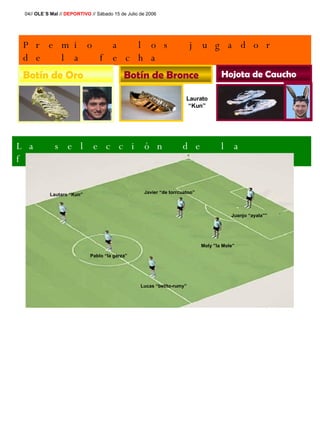 Premio a los jugador de la fecha 04//  OLE´S Mal  //  DEPORTIVO  // Sábado 15 de Julio de 2006 La selección de la fecha Juanjo “ayala”” Javier “de torrcuatoo” Moly ”la Mole” Pablo “la garza” Lucas “betito-rumy” Lautaro “Kun”   Botín de Oro Botín de Bronce Hojota de Caucho Laurato “Kun” 