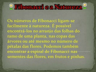 Os números de Fibonacci ligam-se
facilmente à natureza. É possível
encontrá-los no arranjo das folhas do
ramo de uma planta, nas copas das
árvores ou até mesmo no número de
pétalas das f lores. Podemos também
encontrar a espiral de Fibonacci nas
sementes das f lores, em frutos e pinhas.
 