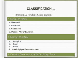 CLASSIFICATION…
Brannon & Fowler’s Classiﬁcation
1. Fibrous Dysplasia
a. Monostotic
b. Polyostotic
c. Craniofacial
d. McCune-Albright syndrome
2. Osseous Dysplasia
a. Periapical
b. Focal
c. Florid
d. Familial gigantiform cementoma
3. Ossifying Fibroma & Juvenile Ossifying Fibroma
12
 