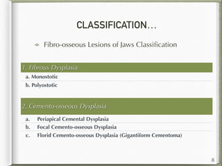 CLASSIFICATION…
Fibro-osseous Lesions of Jaws Classiﬁcation
1. Fibrous Dysplasia
a. Monostotic
b. Polyostotic
8
2. Cemento-osseous Dysplasia
a. Periapical Cemental Dysplasia
b. Focal Cemento-osseous Dysplasia
c. Florid Cemento-osseous Dysplasia (Gigantiform Cementoma)
 