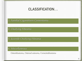 CLASSIFICATION…
9
3. Familial Gigantiform Cementoma
6. Miscellaneous
Osteoblastoma, Osteiod osteoma, Cementoblastoma
5. Juvenile Ossifying Fibroma
4. Ossifying Fibroma
 