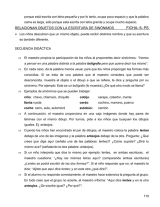 porque está escrita con letra pequeña y por lo tanto, ocupa poco espacio y que la palabra
cama es larga, sólo porque está escrita con letra grande y ocupa mucho espacio.
RELACIONAN OBJETOS CON LA ESCRITURA DE SINÓNIMOS FICHA- 6- PS
 Los niños descubren que un mismo objeto, puede recibir distintos nombre y que su escritura
es también diferente.
SECUENCIA DIDÁCTICA
⇒ El maestro propicia la participación de los niños al proponerles decir sinónimos: “Vamos
a pensar en una palabra distinta a la palabra bolígrafo pero que quiera decir los mismo”.
⇒ En cada caso, da la palabra menos usual, para que los niños propongan las formas más
conocidas. Si se trata de una palabra que el maestro considera que puede ser
desconocida, muestra el objeto o el dibujo a que se refiere, la dice y pregunta por su
sinónimo. Por ejemplo: Este es un bolígrafo (lo muestra) ¿De qué otro modo se llama?
⇒ Ejemplos de sinónimos que se pueden trabajar:
niño: chavo, chamaco, chiquillo cobija: sarape, cobertor, manta
llanta:rueda cerdo: cochino, marrano, puerco
coche: carro, auto, automóvil autobús: camión
⇒ A continuación, el maestro proporciona en una caja imágenes donde hay pares de
láminas con el mismo dibujo. Por turnos, pide a los niños que busquen los dibujos
iguales. Ej: anteojos.
⇒ Cuando los niños han encontrado el par de dibujos, el maestro coloca la palabra lentes
debajo de uno de las imágenes y la palabra anteojos debajo de la otra. Pregunta: ¿Qué
crees que diga aquí (señala una de las palabras: lentes)? ¿Cómo supiste? ¿Dirá lo
mismo acá? (señalando la otra palabra: anteojos).
⇒ Si un niño interpreta que dice lo mismo por ejemplo: lentes, en ambas escrituras, el
maestro cuestiona: “¿Hay las mismas letras aquí? (comparando ambas escrituras)
¿Lentes se podrá escribir de las dos formas?”. Si el niño responde que no, el maestro le
dice: “dijiste que aquí dice lentes; y en esta otra ¿qué dirá?”.
⇒ Si el alumno no responde correctamente, el maestro hace extensiva la pregunta al grupo.
En todo caso que el grupo no acierte, el maestro informa: “Aquí dice lentes y en la otra
anteojos, ¿Se escribe igual? ¿Por qué?”.
110
 
