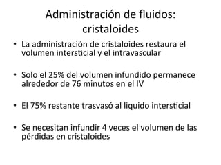 Administración	
  de	
  ﬂuidos:	
  
                   cristaloides	
  
•  La	
  administración	
  de	
  cristaloides	
  restaura	
  el	
  
   volumen	
  intersVcial	
  y	
  el	
  intravascular	
  

•  Solo	
  el	
  25%	
  del	
  volumen	
  infundido	
  permanece	
  
   alrededor	
  de	
  76	
  minutos	
  en	
  el	
  IV	
  

•  El	
  75%	
  restante	
  trasvasó	
  al	
  liquido	
  intersVcial	
  

•  Se	
  necesitan	
  infundir	
  4	
  veces	
  el	
  volumen	
  de	
  las	
  
   pérdidas	
  en	
  cristaloides	
  	
  
 