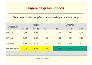 Silagem de grãos úmidos


          Teor de umidade do grão x tamanho de partículas x tempo:


                          MOÍDO                             LAMINADO
 Umidade, %
                 18 -22   23 – 26       >27        18 -22    3 – 26    >27

DMI, kg           1,13     1,32          1,27       9,04      8,64     8,29


GPD, kg           8,82     9,03          8,19       1,02      1,01     1,16


DMI/GPD           8,10     7,20          6,50        9,0       8,6     7,2


EM, Mcal/kg MS    3,07     3,20          3,48       2,91      3,00     3,29




                             Owens et al. (1997)
 