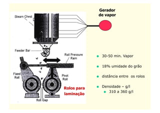 Gerador
              de vapor




                 30-50 min. Vapor

                 18% umidade do grão

                 distância entre os rolos


Rolos para       Densidade – g/l
                     310 a 360 g/l
laminação
 