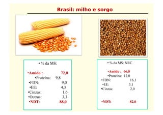 Brasil: milho e sorgo




        • % da MS:                       • % da MS: NRC

•  mido :
 A                        72,0            •  mido : 66,8
                                           A
                                          •  roteína: 12,0
                                           P
      •  roteína:
       P            9,8
                                     •  DN:
                                      F                   16,1
 •  DN:
  F                    9,0            •  E:
                                       E                 3,1
  •  E:
   E                   4,3           •  inzas:
                                      C                    2,0
•  inzas:
  C                     1,6
 •  utros:
  O                     3,3
 •  DT:
   N                  88,0           •  DT:
                                      N                  82,0
 