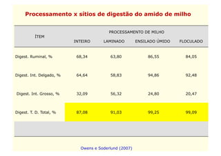 Processamento x sítios de digestão do amido de milho


                                         PROCESSAMENTO DE MILHO
          ÍTEM
                          INTEIRO     LAMINADO         ENSILADO ÚMIDO   FLOCULADO



Digest. Ruminal, %         68,34         63,80              86,55         84,05



Digest. Int. Delgado, %    64,64         58,83              94,86         92,48



Digest. Int. Grosso, %     32,09         56,32              24,80         20,47



Digest. T. D. Total, %     87,08         91,03              99,25         99,09




                            Owens e Soderlund (2007)
 