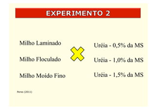 Milho Laminado     Uréia - 0,5% da MS

 Milho Floculado    Uréia - 1,0% da MS

 Milho Moído Fino   Uréia - 1,5% da MS

Peres (2011)
 