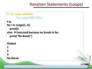 2. For Loop continue
For Loop With Else
e.g.
for i in range(1, 4):
print(i)
else: # Executed because no break in for
print("No Break")
Output
1
2
3
No Break
Iteration Statements (Loops)
 