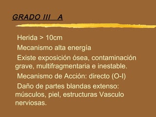 GRADO III A
Herida > 10cm
Mecanismo alta energía
Existe exposición ósea, contaminación
grave, multifragmentaria e inestable.
Mecanismo de Acción: directo (O-I)
Daño de partes blandas extenso:
músculos, piel, estructuras Vasculo
nerviosas.
 