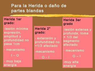 Para la Herida o daño de
partes blandas
Herida 1er
grado:
-lesión mínima
expresión,
amplitud y
profundidad no
pasa 1cm
- mecanismo
I – O
- muy baja
energía
Herida 2°
grado:
- extensión y
profundidad no
+1/3 afectado
-mecanismo
O - I
Herida 3er
grado:
-lesión extensa y
profunda, toma
+ 1/3 del
segmento
afectado
- mecanismo
O – I
-muy alta
energía
 