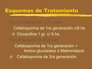 Esquemas de Tratamiento
Para Fracturas de I y II grado:
Cefalosporina de 1ra generación c/8 hs
ó Cloxacilina 1 gr. c/ 6 hs.
Para Fracturas de III grado:
Cefalosporina de 1ra generación +
Amino glucósidos ó Metronidazol.
ó Cefalosporina de 3ra generación.
 