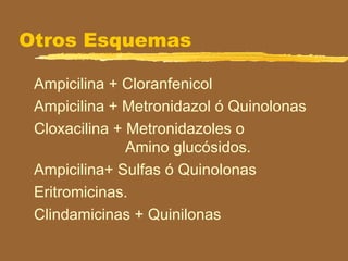 Otros Esquemas
Ampicilina + Cloranfenicol
Ampicilina + Metronidazol ó Quinolonas
Cloxacilina + Metronidazoles o
Amino glucósidos.
Ampicilina+ Sulfas ó Quinolonas
Eritromicinas.
Clindamicinas + Quinilonas
 
