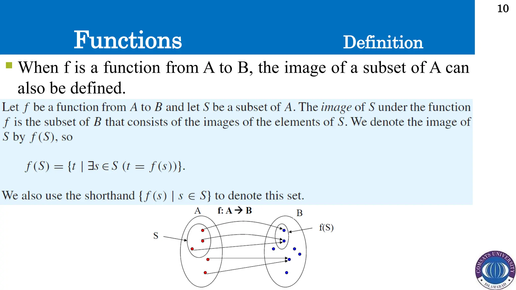 Functions
10
 When f is a function from A to B, the image of a subset of A can
also be defined.
Definition
 