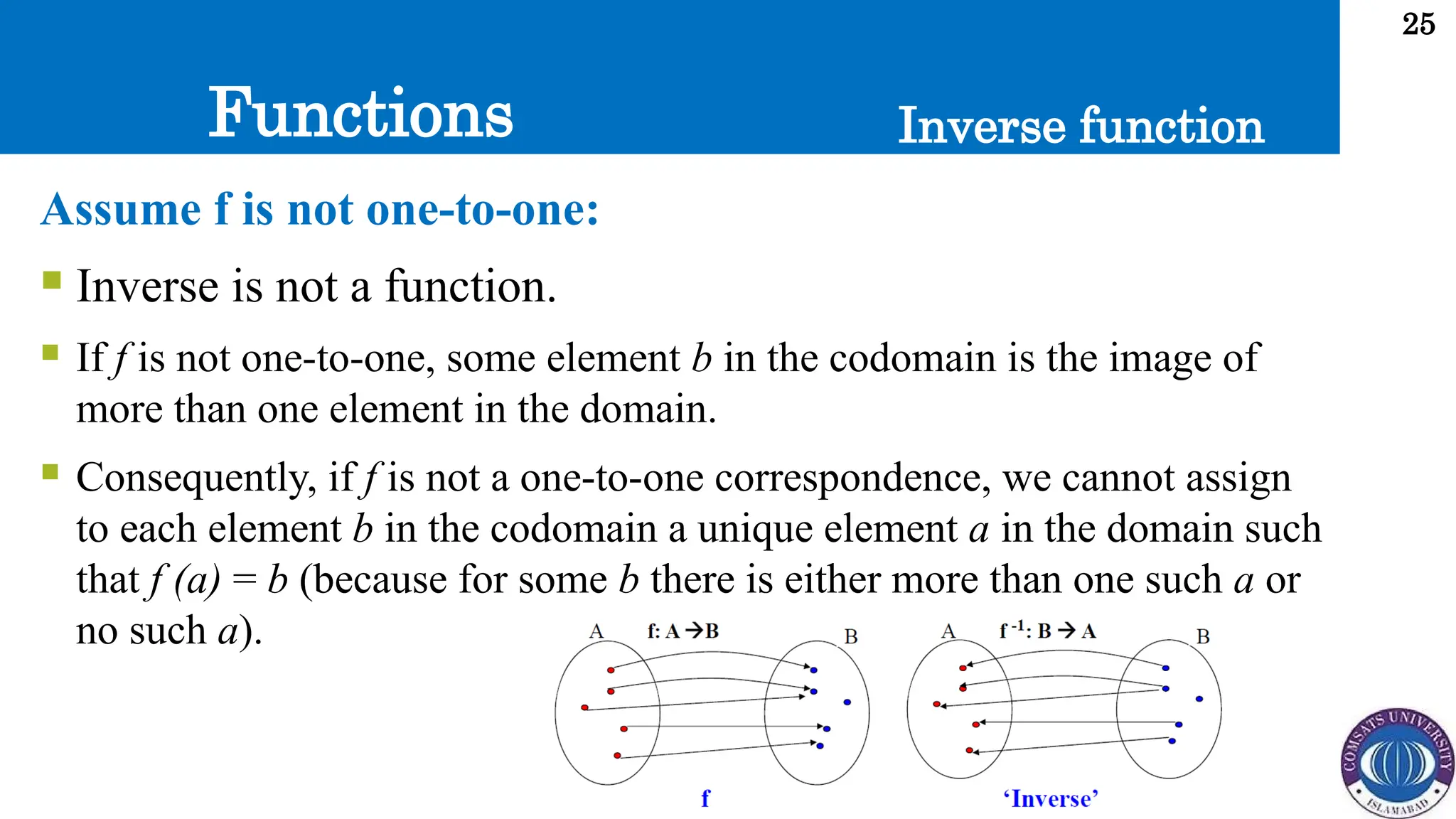 Functions
25
Inverse function
Assume f is not one-to-one:
 Inverse is not a function.
 If f is not one-to-one, some element b in the codomain is the image of
more than one element in the domain.
 Consequently, if f is not a one-to-one correspondence, we cannot assign
to each element b in the codomain a unique element a in the domain such
that f (a) = b (because for some b there is either more than one such a or
no such a).
 