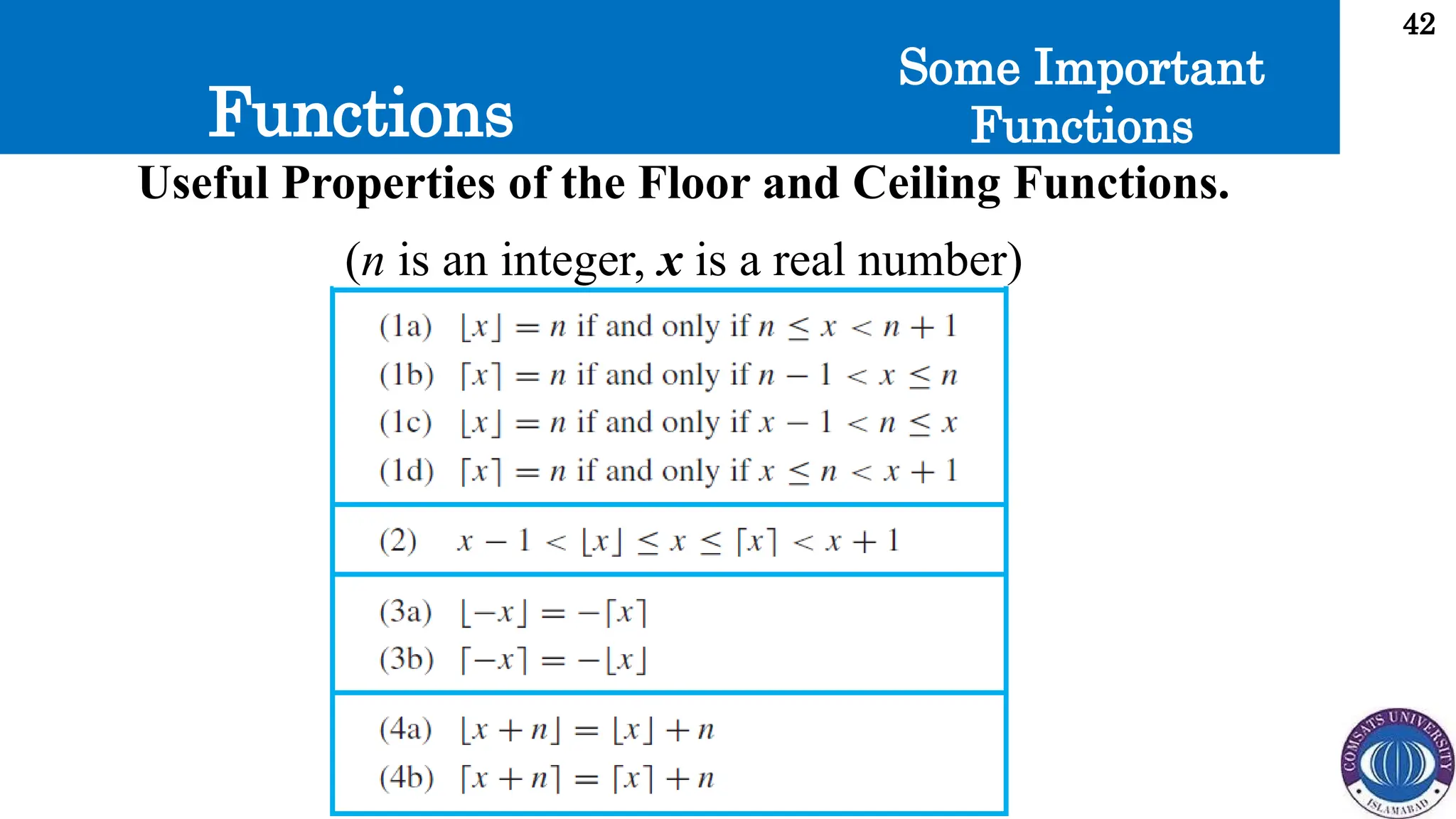 Functions
42
Some Important
Functions
Useful Properties of the Floor and Ceiling Functions.
(n is an integer, x is a real number)
 