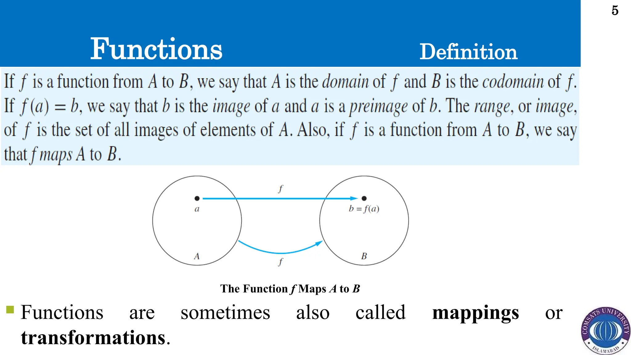 Functions
5
Definition
The Function f Maps A to B
 Functions are sometimes also called mappings or
transformations.
 