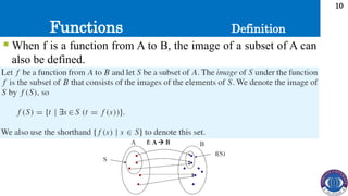 Functions
10
 When f is a function from A to B, the image of a subset of A can
also be defined.
Definition
 