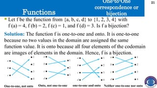 Functions
21
One-to-One
correspondence or
bijection
One-to-one, not onto Onto, not one-to-one one-to-one and onto Neither one-to-one nor onto
 Let f be the function from {a, b, c, d} to {1, 2, 3, 4} with
f (a) = 4, f (b) = 2, f (c) = 1, and f (d) = 3. Is f a bijection?
Solution: The function f is one-to-one and onto. It is one-to-one
because no two values in the domain are assigned the same
function value. It is onto because all four elements of the codomain
are images of elements in the domain. Hence, f is a bijection.
 