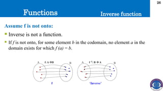 Functions
26
Inverse function
Assume f is not onto:
 Inverse is not a function.
 If f is not onto, for some element b in the codomain, no element a in the
domain exists for which f (a) = b.
 
