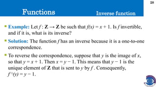 Functions
28
Inverse function
 Example: Let f : Z → Z be such that f(x) = x + 1. Is f invertible,
and if it is, what is its inverse?
 Solution: The function f has an inverse because it is a one-to-one
correspondence.
 To reverse the correspondence, suppose that y is the image of x,
so that y = x + 1. Then x = y − 1. This means that y − 1 is the
unique element of Z that is sent to y by f . Consequently,
f−1
(y) = y − 1.
 