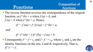 Functions
35
Composition of
functions
 The inverse function reverses the correspondence of the original
function, so f−1
(b) = a when f (a) = b, and
f (a) = b when f−1
(b) = a. Hence,
(f−1
◦ f )(a) = f−1
(f (a)) = f−1
(b) = a,
and
(f ◦ f−1
)(b) = f (f−1
(b)) = f (a) = b.
 Consequently f−1
◦ f = ιA and f ◦ f−1
= ιB, where ιA and ιB are the
identity functions on the sets A and B, respectively. That is,
(f−1
)−1
= f .
 