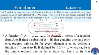 Functions
4
 A function f : A → B can also be defined in terms of a relation
from A to B (just a subset of A × B) that contains one, and only
one, ordered pair (a, b) for every element a A, defines a
∈
function f from A to B. It defined by f (a) = b, where (a, b) is
the unique ordered pair in the relation that has a as its first
Definition
 
