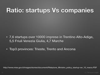 10. The future is bright
Ratio: startups Vs companies
• 7,6 startups over 10000 imprese in Trentino Alto-Adige,
5,5 Friuli Venezia Giulia, 4,7 Marche
• Top3 provinces: Trieste, Trento and Ancona
13
http://www.mise.gov.it/images/stories/documenti/Relazione_Ministro_policy_startup-ver_10_marzo.PDF
 