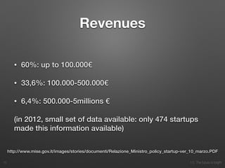10. The future is bright
Revenues
• 60%: up to 100.000€
• 33,6%: 100.000-500.000€
• 6,4%: 500.000-5millions €
(in 2012, small set of data available: only 474 startups
made this information available)
15
http://www.mise.gov.it/images/stories/documenti/Relazione_Ministro_policy_startup-ver_10_marzo.PDF
 