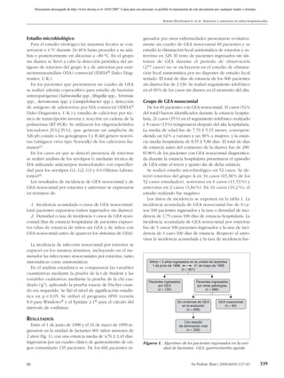 Documento descargado de http://www.doyma.es el 16/01/2007. Copia para uso personal, se prohíbe la transmisión de este documento por cualquier medio o formato.


                                                                                                Román Riechmann E, et al. Rotavirus y astrovirus en niños hospitalizados




Estudio microbiológico                                                            gresados por otras enfermedades presentaron evolutiva-
   Para el estudio virológico las muestras fecales se con-                        mente un cuadro de GEA nosocomial 60 pacientes y se
servaron a 4 °C durante 24-48 h hasta proceder a su aná-                          estudió la eliminación fecal asintomática de rotavirus y as-
lisis y posteriormente en alícuotas a –80 °C. En el grupo                         trovirus en 329. El resto de pacientes ingresados sin sín-
sin diarrea se llevó a cabo la detección periódica del an-                        tomas de GEA durante el período de observación
tígeno de rotavirus del grupo A y de astrovirus por enzi-                         (277 casos) no se incluyeron en el estudio de elimina-
moinmunoanálisis (EIA) comercial (IDEIA Dako Diag-                               ción fecal asintomática por no disponer de estudio fecal
nostics, U.K.).                                                                   seriado. El total de días de estancia de los 606 pacientes
   En los pacientes que presentaron un cuadro de GEA                              sin diarrea fue de 3.130. Se realizó seguimiento telefónico
se realizó además coprocultivo para estudio de bacterias                          en el 69 % de los casos sin diarrea en el momento del alta.
enteropatógenas (Salmonella spp., Shigella spp., Yersinia
spp., Aeromonas spp. y Campylobacter spp.), detección                             Grupo de GEA nosocomial
de antígeno de adenovirus por EIA comercial (IDEIA                                  De los 60 pacientes con GEA nosocomial, 31 casos (52 %
Dako Diagnostics, U.K.) y estudio de calicivirus por téc-                         del total) fueron identificados durante la estancia hospita-
nica de transcripción inversa y reacción en cadena de la                          laria, 21 casos (35 %) en el seguimiento telefónico realizado
polimerasa (RT-PCR). Se utilizaron los oligonucleótidos                           y 8 casos (13 %) reingresaron después del alta hospitalaria.
iniciadores JV12/JV13, que generan un amplicón de                                 La media de edad fue de 7,76 ± 5,15 meses, correspon-
326 pb común a los genogrupos I y II del género norovi-                           diendo un 62 % a varones y un 38 % a mujeres, y la estan-
rus (antiguos virus tipo Norwalk) de los calicivirus hu-                          cia media hospitalaria de 8,55 ± 5,80 días. El total de días
manos23.                                                                          de estancia antes del comienzo de la diarrea fue de 290.
   En los casos en que se detectó presencia de rotavirus                          El 80 % de los pacientes con GEA nosocomial diagnostica-
se realizó análisis de los serotipos G mediante técnica de                        da durante la estancia hospitalaria presentaron el episodio
EIA utilizando anticuerpos monoclonales con especifici-                           de GEA entre el tercer y quinto día de dicha estancia.
dad para los serotipos G1, G2, G3 y G4 (Silenus Labora-                              Se realizó estudio microbiológico en 52 casos. Se de-
tories)24.                                                                        tectó rotavirus del grupo A en 34 casos (65,38 % de los
   Los resultados de incidencia de GEA nosocomial y de                            52 casos estudiados), norovirus en 6 casos (11,53 %) y
GEA nosocomial por rotavirus y astrovirus se expresaron                           astrovirus en 2 casos (3,84 %). En 10 casos (19,2 %), el
en términos de:                                                                   estudio realizado fue negativo.
                                                                                     Los datos de incidencia se exponen en la tabla 1. La
  1. Incidencia acumulada = casos de GEA nosocomial/                              incidencia acumulada de GEA nosocomial fue de 9 ca-
total pacientes expuestos (niños ingresados sin diarrea).                         sos/100 pacientes ingresados y la tasa o densidad de inci-
  2. Densidad o tasa de incidencia = casos de GEA noso-                           dencia de 1,75 casos/100 días de estancia hospitalaria. La
comial/días de estancia hospitalaria de pacientes expues-                         incidencia acumulada de GEA nosocomial por rotavirus
tos (días de estancia de niños sin GEA y de niños con                             fue de 5 casos/100 pacientes ingresados y la tasa de inci-
GEA nosocomial antes de aparecer los síntomas de GEA).                            dencia de 1 caso/100 días de estancia. Respecto al astro-
                                                                                  virus la incidencia acumulada y la tasa de incidencia fue-
   La incidencia de infección nosocomial por rotavirus se
expresó en los mismos términos, incluyendo en el nu-
merador las infecciones nosocomiales por rotavirus, tanto
sintomáticas como asintomáticas.                                                      Niños < 2 años ingresados en la unidad de lactantes
                                                                                        1 de junio de 1998         31 de mayo de 1999
   En el análisis estadístico se compararon las variables                                                  (n = 801)
cuantitativas mediante la prueba de la t de Student y las
variables cualitativas mediante la prueba de la chi cua-
                                                                                      Pacientes ingresados              Pacientes ingresados
drado ( 2), aplicando la prueba exacta de Fischer cuan-                                     por GEA                      por otras patologías
do era requerido. Se fijó el nivel de significación estadís-                                (n = 135)                         (n = 666)

tica en p < 0,05. Se utilizó el programa SPSS versión
8.0 para Windows y el Epidate 2.1 para el cálculo del                                                   Sin síntomas de GEA          GEA nosocomial
                                                                                                             en la evolución              (n = 60)
intervalo de confianza.                                                                                          (n = 606)

RESULTADOS                                                                                                    Con estudio
  Entre el 1 de junio de 1998 y el 31 de mayo de 1999 in-                                                  de eliminación viral
gresaron en la unidad de lactantes 801 niños menores de                                                         (n = 329)

2 años (fig. 1), con una estancia media de 4,76 ± 3,43 días.
Ingresaron por un cuadro clínico de gastroenteritis de ori-                       Figura 1. Algoritmo de los pacientes ingresados en la uni-
gen comunitario 135 pacientes. De los 666 pacientes in-                                     dad de lactantes. GEA: gastroenteritis aguda.


00                                                                                                                  An Pediatr (Barc) 2004;60(4):337-43               339
 