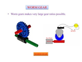 WORM GEAR
• Worm gears makes very large gear ratios possible.
WORM GEAR
 