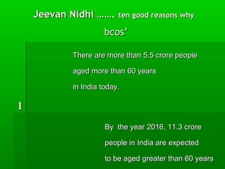 Jeevan Nidhi …….Jeevan Nidhi ……. ten good reasons whyten good reasons why
bcos’bcos’
11
By the year 2016, 11.3 croreBy the year 2016, 11.3 crore
people in India arepeople in India are expectedexpected
to be agedto be aged greater than 60 yearsgreater than 60 years
There are more than 5.5 crore peopleThere are more than 5.5 crore people
aged more than 60 yearsaged more than 60 years
in India today.in India today.
 