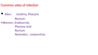 Common sites of infection
• Men: Urethra, Pharynx
Rectum
•Women: Endocervix,
Pharynx and
Rectum
Neonates: conjunctiva
 