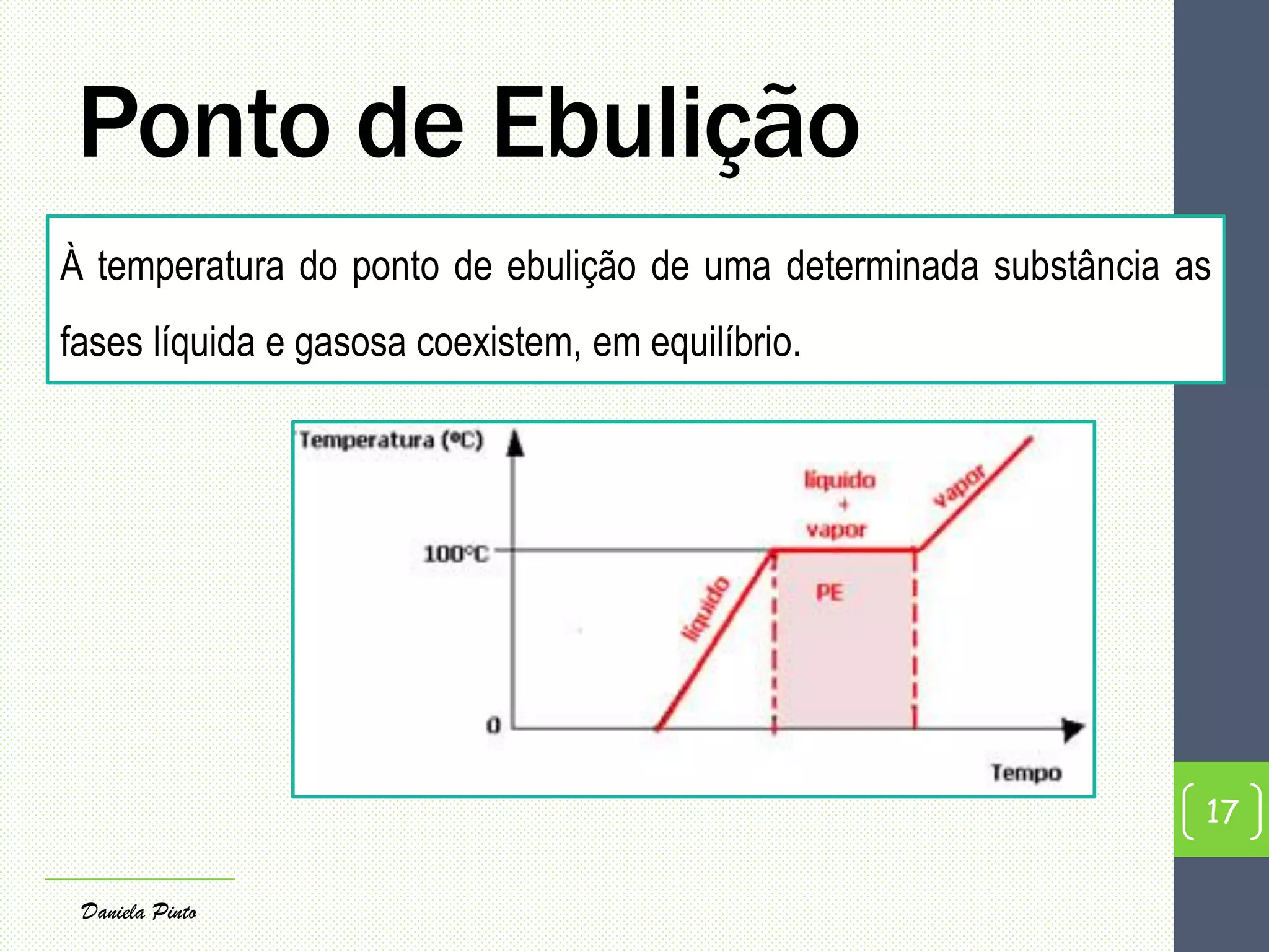 Ponto de Ebulição
17
Daniela Pinto
À temperatura do ponto de ebulição de uma determinada substância as
fases líquida e gasosa coexistem, em equilíbrio.
 