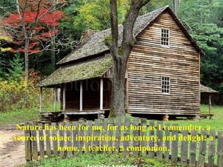 Nature has been for me, for as long as I remember, a source of solace, inspiration, adventure, and delight; a home, a teacher, a companion. Lorraine Anderson  