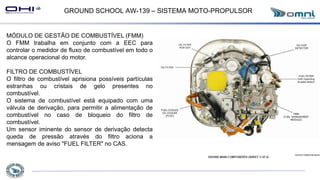 GROUND SCHOOL AW-139 – SISTEMA MOTO-PROPULSOR
MÓDULO DE GESTÃO DE COMBUSTÍVEL (FMM)
O FMM trabalha em conjunto com a EEC para
controlar o medidor de fluxo de combustível em todo o
alcance operacional do motor.
FILTRO DE COMBUSTÍVEL
O filtro de combustível aprisiona possíveis partículas
estranhas ou cristais de gelo presentes no
combustível.
O sistema de combustível está equipado com uma
válvula de derivação, para permitir a alimentação de
combustível no caso de bloqueio do filtro de
combustível.
Um sensor iminente do sensor de derivação detecta
queda de pressão através do filtro aciona a
mensagem de aviso "FUEL FILTER" no CAS.
 