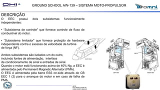 GROUND SCHOOL AW-139 – SISTEMA MOTO-PROPULSOR
DESCRIÇÃO
O EEC possui dois subsistemas funcionalmente
independentes:
• “Subsistema de controle" que fornece controle de fluxo de
combustível do motor.
• “Subsistema limitador" que fornece proteção de hardware
independente contra o excesso de velocidade da turbina
de força (NF).
Ambos subsistemas são isolados um do outro,
incluindo fontes de alimentação, interface
de condicionamento de sinal e entradas de sinal.
Quando o motor está funcionando acima de 40% Ng, a EEC é
alimentada pelo Permanent Magnetic Alternator (PMA).
O EEC é alimentada pela barra ESS on-side através do CB
EEC 1 (2) para o arranque do motor e em caso de falha de
PMA.
 