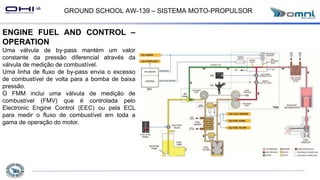 GROUND SCHOOL AW-139 – SISTEMA MOTO-PROPULSOR
ENGINE FUEL AND CONTROL –
OPERATION
Uma válvula de by-pass mantém um valor
constante da pressão diferencial através da
válvula de medição de combustível.
Uma linha de fluxo de by-pass envia o excesso
de combustível de volta para a bomba de baixa
pressão.
O FMM inclui uma válvula de medição de
combustível (FMV) que é controlada pelo
Electronic Engine Control (EEC) ou pela ECL
para medir o fluxo de combustível em toda a
gama de operação do motor.
 