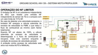 GROUND SCHOOL AW-139 – SISTEMA MOTO-PROPULSOR
OPERAÇÃO DO NF LIMITER
O limitador de NF é um subsistema independente
da EEC que recebe uma entrada NF
independente do sensor de TQ e o compara com
um valor limite de 111% NF.
No caso de detectar uma velocidade excessiva, o
limitador NF energiza a válvula solenóide de
excesso de velocidade no FMM, o que reduz o
fluxo de combustível ao mínimo (sem fechar
totalmente).
Quando NF cai abaixo de 109%, a válvula
solenóide de excesso de velocidade é
desenergizada e o fluxo de combustível se
recupera. Este ciclo ocorrerá enquanto a
condição de excesso de velocidade persistir.
A proteção contra excesso de velocidade está
ativa nos modos AUTO e MANUAL.
 
