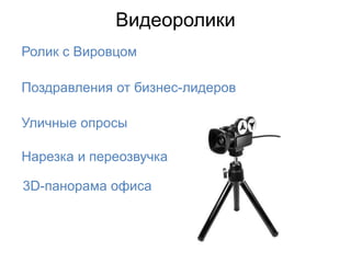 Видеоролики
Ролик с Вировцом

Поздравления от бизнес-лидеров

Уличные опросы

Нарезка и переозвучка

3D-панорама офиса
 