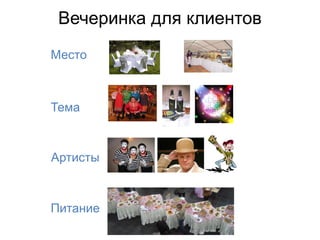 Вечеринка для клиентов
Место



Тема



Артисты



Питание
 