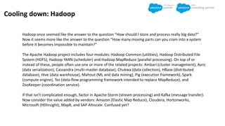 Cooling down: Hadoop
Hadoop once seemed like the answer to the question “How should I store and process really big data?”
Now it seems more like the answer to the question “How many moving parts can you cram into a system
before it becomes impossible to maintain?”
The Apache Hadoop project includes four modules: Hadoop Common (utilities), Hadoop Distributed File
System (HDFS), Hadoop YARN (scheduler) and Hadoop MapReduce (parallel processing). On top of or
instead of these, people often use one or more of the related projects: Ambari (cluster management), Avro
(data serialization), Cassandra (multi-master database), Chukwa (data collection), HBase (distributed
database), Hive (data warehouse), Mahout (ML and data mining), Pig (execution framework), Spark
(compute engine), Tez (data-flow programming framework intended to replace MapReduce), and
ZooKeeper (coordination service).
If that isn’t complicated enough, factor in Apache Storm (stream processing) and Kafka (message transfer).
Now consider the value added by vendors: Amazon (Elastic Map Reduce), Cloudera, Hortonworks,
Microsoft (HDInsight), MapR, and SAP Altiscale. Confused yet?
 