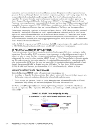 144 PRESIDENTIAL INITIATIVE TO END HUNGER IN AFRICA (IEHA)
malnutrition and economic deprivation of rural Kenyan women. The project mobilized registered women
groups in Bomet and Murang’a districts into nutrition cooperatives, collected local weaning recipes from the
women and jointly formulated advanced weaning porridge flour from local nutrient-rich cereals and
vegetables. The product formulae underwent laboratory nutritional analysis and were later approved by the
Kenya Bureau of Standards (KBS) under the brand names BASCOT in Muranga and Tupcho in Bomet.
Functional processing plants were constructed in both districts and have since 1999 been solely operated and
managed by the women groups. In 1999, USAID/Kenya provided more funds to the University of Nairobi
to facilitate development of business plans and commercialization of the Bomet and Muranga products.
Following the encouraging experience in Murang’a and Bomet districts, USAID/Kenya provided additional
funds to the University of Nairobi and the Kenya Agricultural Research Institute (KARI) in year 2000, to
replicate the nutribusiness model to semi-arid Makueni and Mbeere districts. As a result, two more women
cooperatives were established and two natural nutritious dryland products were formulated viz., Nimix at
Makueni and Mamix at Mbeere, with fully equipped processing plants. These products have also received the
Kenya Bureau of Standards certification.
Under the Title II program, several NGOs implement the LIFE program that provides supplemental feeding
to HIV/AIDS-affected families in collaboration with USAID’s home-based care programs.
4.5 POLICY ANALYSIS FOR DEVELOPMENT:
Policy instruments are pivotal for the successful adoption of technologies which have a bearing on market
interactions. Therefore all the IEHA programmes have components of policy dialogue perspective, even if
indirect, in order to ensure they have a proper operating climate. Tegemeo though has a more complete
policy agenda that is used by others including KDDP. As early as 1990s, Tegemeo had a food security agenda
and did work to show that high maize prices hurt the majority of Kenya’s smallholder maize farmers while
other institutions like STAK have also been very successful with harmonizing legistlation and trade of seed
through the support of KMDP as detailed in section 3.5.2 below. The three Kenya IEHA programmes
(KDDP, KMDP, and Tegemeo) best illustrate how IEHA has influenced policy reforms in Kenya
4.5.1 KDDP CONTRIBUTION TO POLICY CHANGE
General objectives of KDDP policy advocacy work were designed to:
1. Contribute to the policy development in the dairy industry with specific focus on the dairy industry act,
the breeding policy and regulations affecting the informal milk marketing sector
2. Track, monitor and assess the changes in formal policy processes, attitudes and behavior of different
actors in the dairy industry and how these changes are reflected at the national level
The Kenya Dairy Development Project’s primary implementing partner is Land O’Lakes. The Project
lifecycle was September 2002 – September 2006. The four year total budget for LOL and its partners is 5.9
million USD.
Chart 3.5.1 KDDP Total Budget by Activity
KDDP/ Land O'Lakes Total Budget by Activity Area
Policy
8%
Indirect Cost
17%
Other
7%
Small Holder
Development
10%
Marketing &
Trade
15%
Dairy
Productivity
43%
 